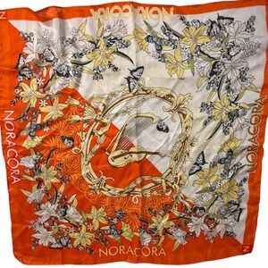 Noracora Square Scarf‎ Orange Floral Butterfly Baroque 21" Vintage-Inspired